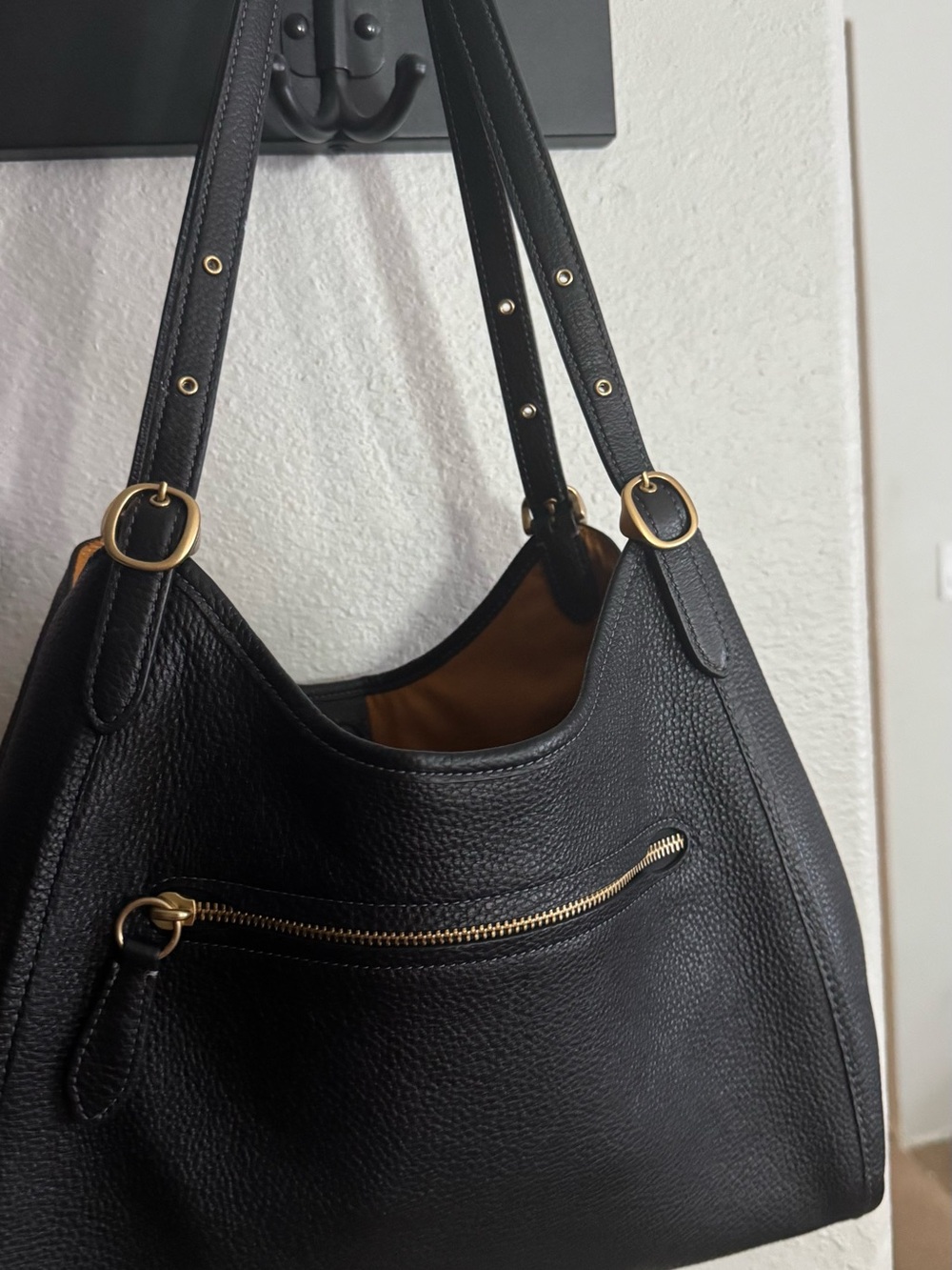 Coach Bella Black Pebbled Leather Shoulder Bag with Gold Accents - Picture 4 of 4